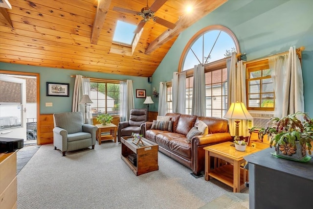 14 Cottage St, Whitman, MA 02382 - carpeted living room featuring a wood ceiling with exposed beams, a skylight, ceiling fan, and high vaulted ceiling