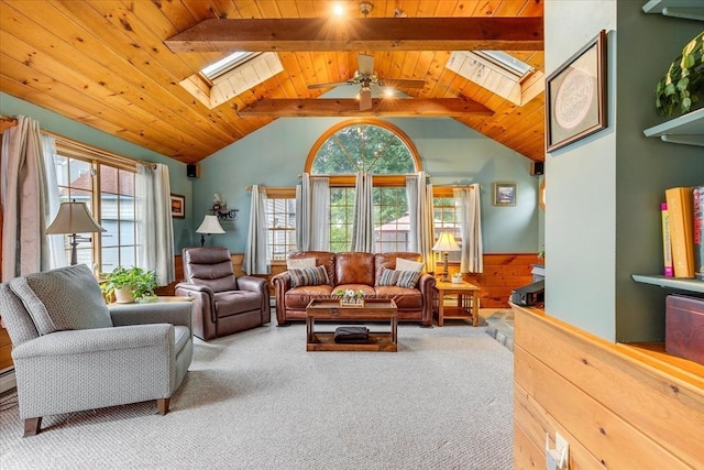 14 Cottage St, Whitman, MA 02382 - carpeted living area with a skylight, wooden ceiling, a ceiling fan, and a wainscoted wall