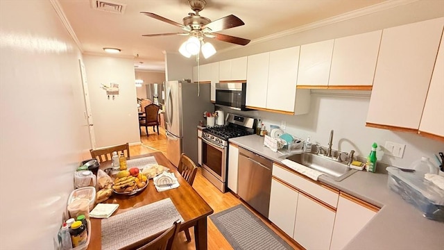 13 Dallas Dr Unit 308, Dracut, MA 01826 - kitchen with appliances with stainless steel finishes, ornamental molding, light wood-type flooring, white cabinetry, and a ceiling fan