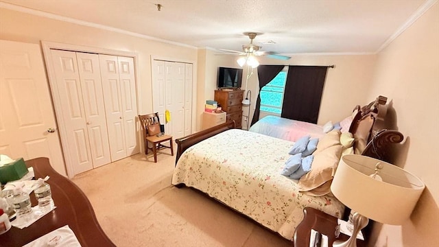 13 Dallas Dr Unit 308, Dracut, MA 01826 - bedroom featuring ornamental molding, light colored carpet, two closets, and ceiling fan
