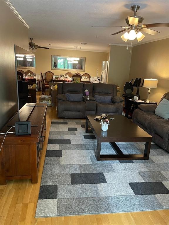 13 Dallas Dr Unit 308, Dracut, MA 01826 - living room featuring light wood-style floors, a ceiling fan, and ornamental molding