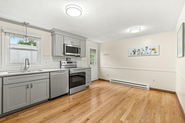 191 Franklin St Unit A, Stoneham, MA 02180 - kitchen featuring stainless steel appliances, gray cabinets, baseboard heating, a sink, and a textured ceiling