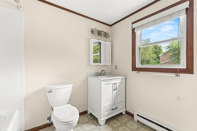 191 Franklin St Unit A, Stoneham, MA 02180 - full bathroom featuring a baseboard heating unit, crown molding, baseboards, vanity, and toilet
