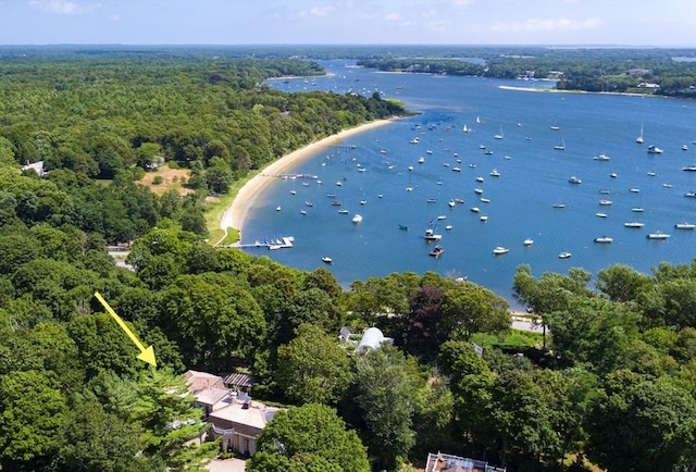 drone / aerial view featuring a water view