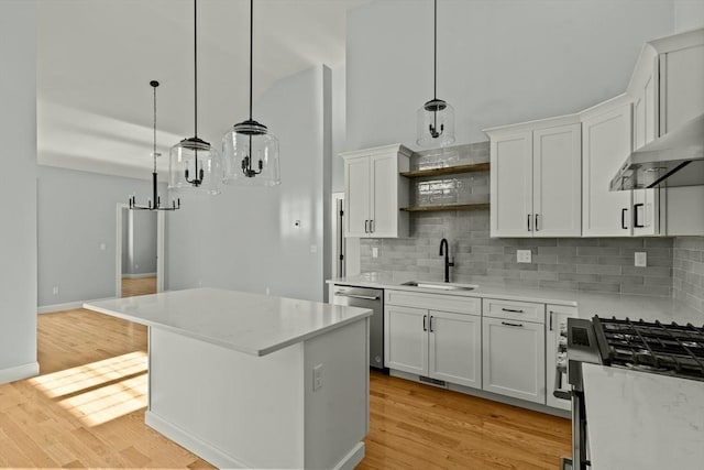 47 Spring St, Rehoboth, MA 02769 - kitchen with a sink, stainless steel appliances, open shelves, light countertops, and backsplash