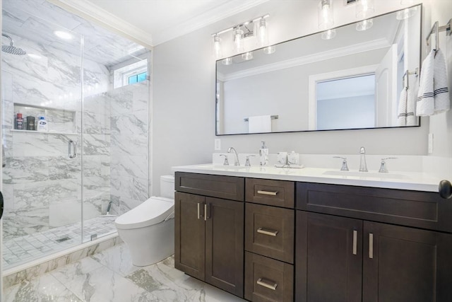 47 Spring St, Rehoboth, MA 02769 - bathroom with marble finish floors, toilet, ornamental molding, double vanity, and a marble finish shower