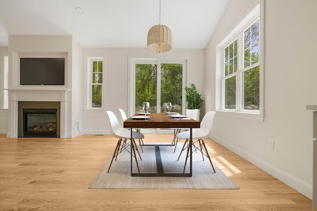 47 Spring St, Rehoboth, MA 02769 - dining space featuring wood finished floors, baseboards, a glass covered fireplace, and lofted ceiling