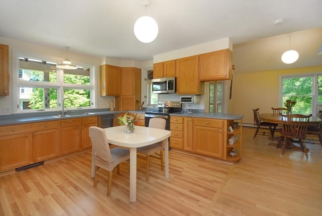 4 Half Moon Hl Unit 4, Acton, MA 01720 - kitchen with appliances with stainless steel finishes, light wood-style floors, hanging light fixtures, and dark countertops