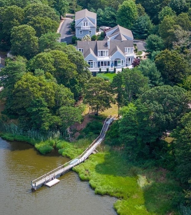 aerial view of a large body of water and a heavily wooded area