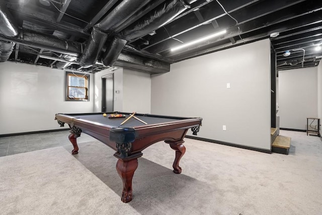 game room with billiards table, carpet flooring, and baseboards