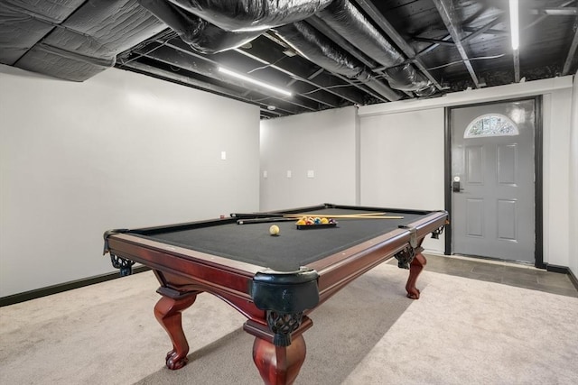 game room featuring carpet flooring, pool table, and baseboards