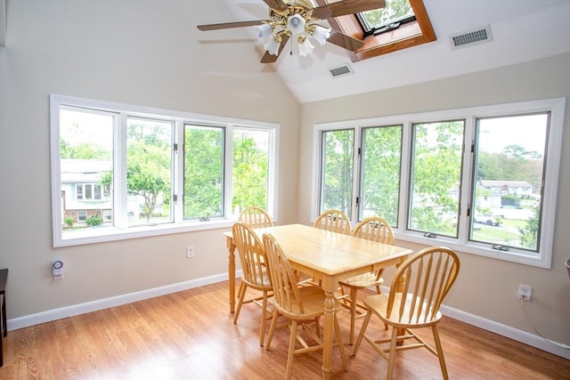 22 Everton Ave, Worcester, MA 01604 - dining space featuring ceiling fan, vaulted ceiling, a skylight, light wood-style floors, and baseboards