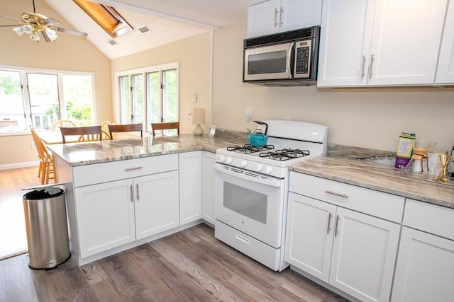 22 Everton Ave, Worcester, MA 01604 - kitchen featuring stainless steel microwave, gas range gas stove, a peninsula, light wood-type flooring, and vaulted ceiling
