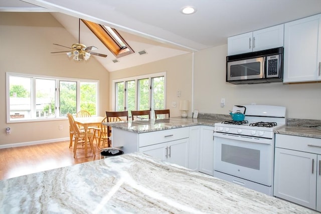 22 Everton Ave, Worcester, MA 01604 - kitchen with white range with gas stovetop, stainless steel microwave, healthy amount of natural light, light wood-style floors, and recessed lighting