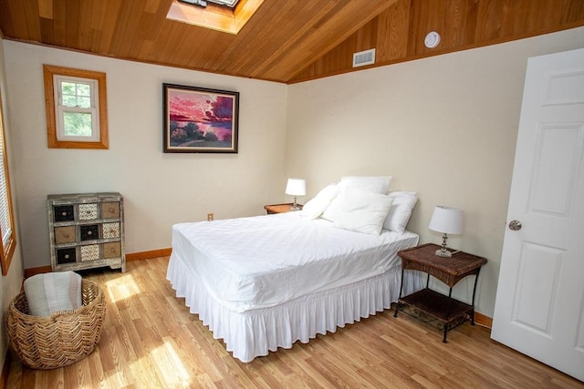 22 Everton Ave, Worcester, MA 01604 - bedroom featuring lofted ceiling, light wood-style flooring, wood ceiling, a skylight, and baseboards