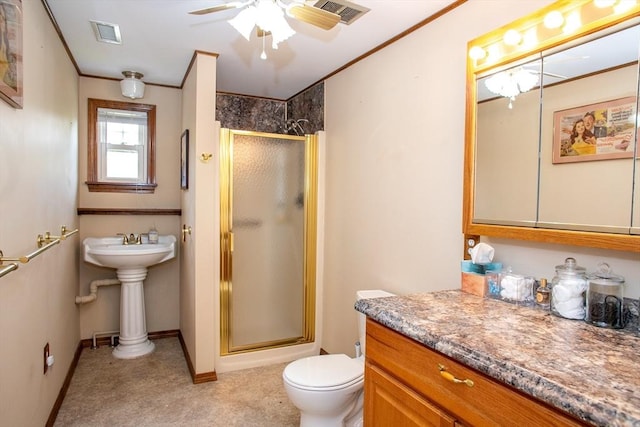 22 Everton Ave, Worcester, MA 01604 - full bathroom featuring a shower stall, toilet, ceiling fan, ornamental molding, and a sink