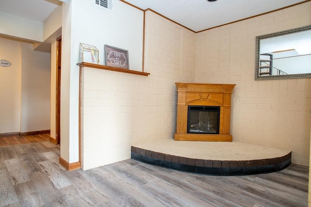 22 Everton Ave, Worcester, MA 01604 - living room with wood finished floors, ornamental molding, a glass covered fireplace, and baseboards