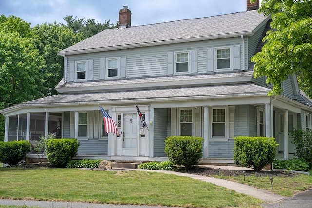 203 Pond St, Weymouth, MA 02190 - view of front of home featuring a chimney, covered porch, a front lawn, and roof with shingles