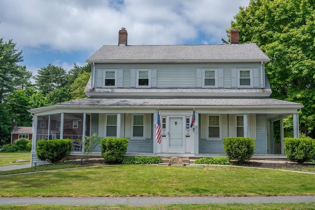 203 Pond St, Weymouth, MA 02190 - farmhouse-style home with a front yard, a chimney, and a porch