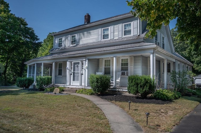 203 Pond St, Weymouth, MA 02190 - farmhouse featuring a chimney, a porch, and a front lawn