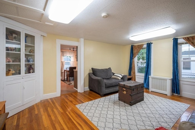 203 Pond St, Weymouth, MA 02190 - living area featuring radiator heating unit, wood finished floors, plenty of natural light, a textured ceiling, and baseboards