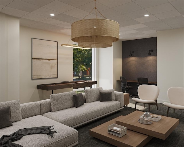 living area with carpet, recessed lighting, a drop ceiling, and pool table