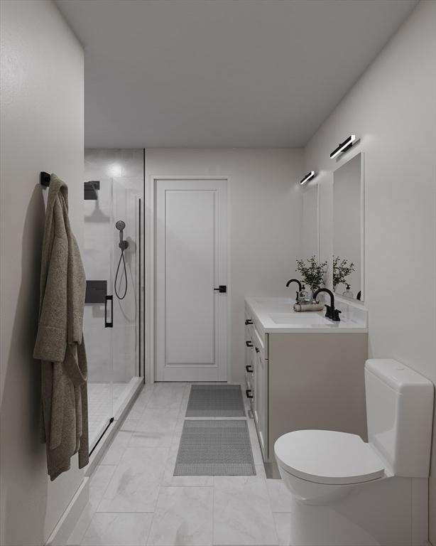 full bath with a stall shower, vanity, toilet, and marble look tile flooring
