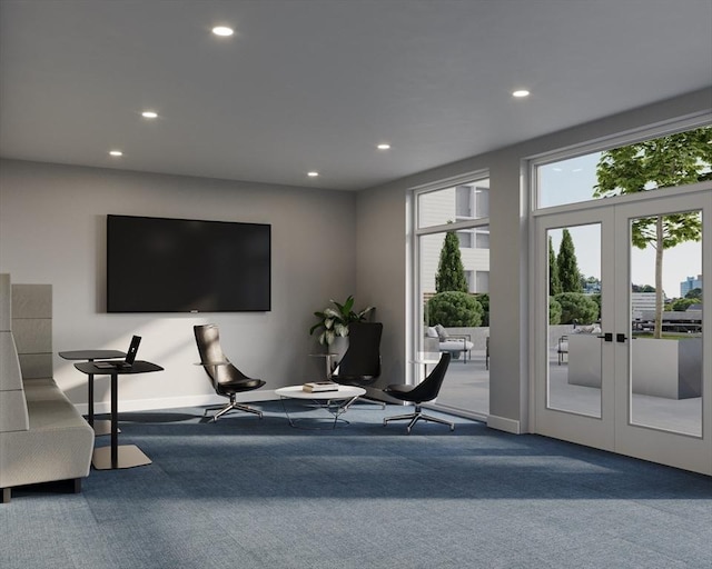 sitting room with carpet, recessed lighting, baseboards, and french doors