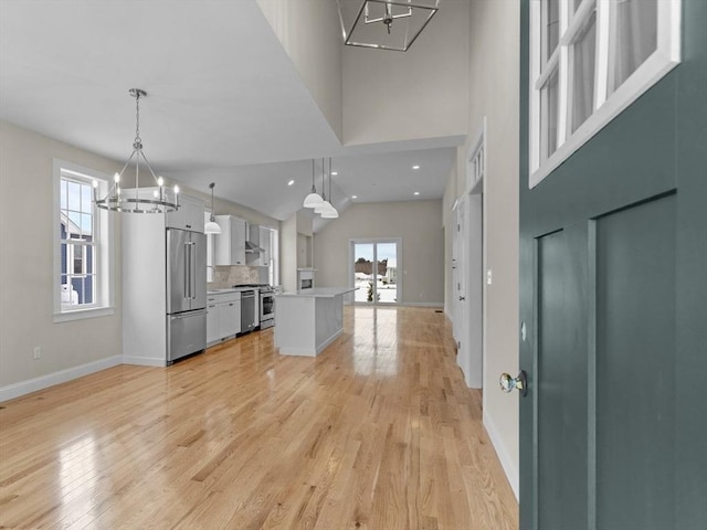 kitchen with white cabinetry, appliances with stainless steel finishes, a kitchen island, pendant lighting, and backsplash