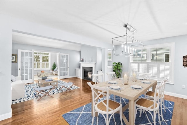 21 Bearberry Path Unit 0, Plymouth, MA 02360 - dining room with wood finished floors, baseboards, a glass covered fireplace, and a chandelier