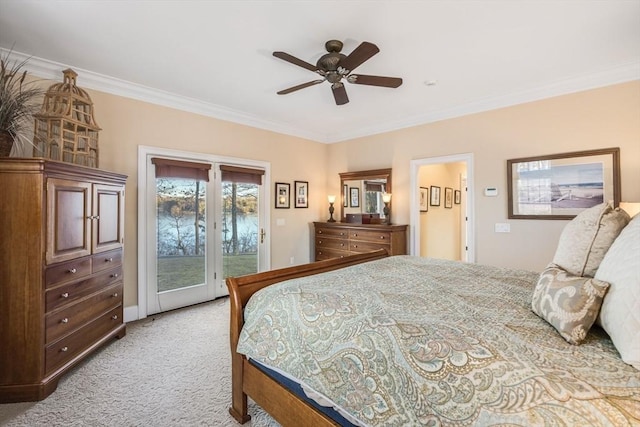 bedroom featuring ornamental molding, access to outside, light colored carpet, and ceiling fan