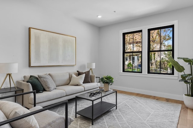 living room with light hardwood / wood-style flooring