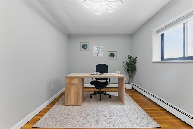 12 Riverside St Unit 1-3, Watertown, MA 02472 - home office with a baseboard radiator, wood finished floors, baseboards, and a chandelier