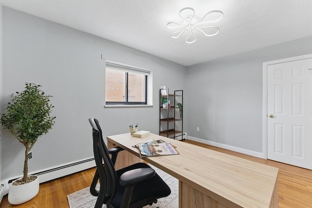 12 Riverside St Unit 1-3, Watertown, MA 02472 - home office with a baseboard heating unit, light wood-style flooring, and baseboards