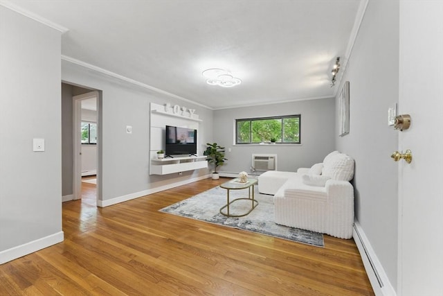 12 Riverside St Unit 1-3, Watertown, MA 02472 - living room featuring a baseboard radiator, ornamental molding, wood finished floors, baseboards, and a wall mounted AC