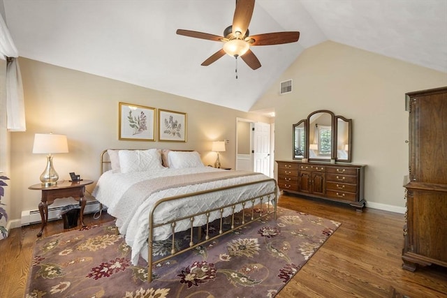 1 Liberty Ln, North Reading, MA 01864 - bedroom featuring a baseboard heating unit, wood finished floors, high vaulted ceiling, and ceiling fan