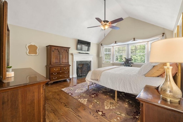 1 Liberty Ln, North Reading, MA 01864 - bedroom featuring dark wood-style floors, a high end fireplace, a ceiling fan, and high vaulted ceiling