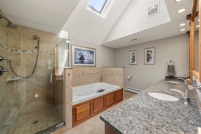 1 Liberty Ln, North Reading, MA 01864 - full bathroom with baseboard heating, a stall shower, a tub with jets, double vanity, and a skylight
