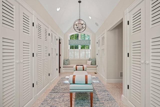 corridor with lofted ceiling, a chandelier, recessed lighting, visible vents, and baseboards