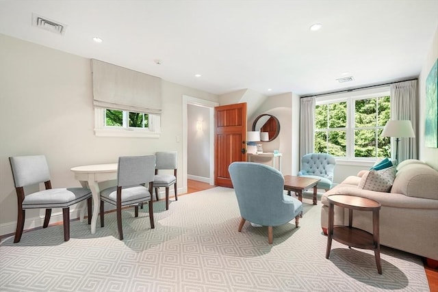 sitting room featuring recessed lighting, visible vents, and baseboards