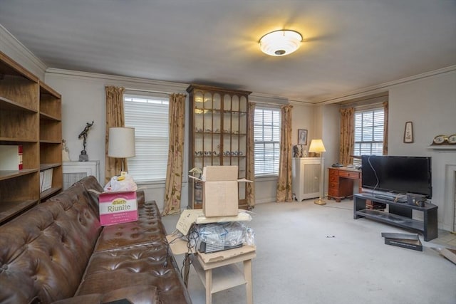 carpeted living room with ornamental molding