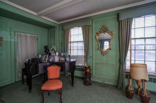 office area with crown molding and carpet flooring