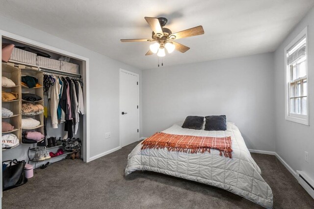 47 Plantation Rd Unit 47, Oxford, MA 01540 - carpeted bedroom featuring baseboards, baseboard heating, a closet, and ceiling fan