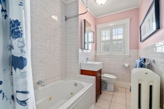 full bath with crown molding, tile walls, toilet, radiator heating unit, and tile patterned flooring