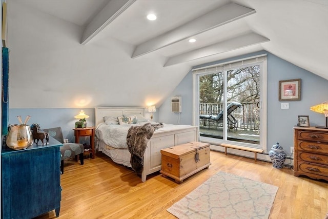 bedroom with access to exterior, a wall unit AC, lofted ceiling with beams, baseboard heating, and light wood-type flooring