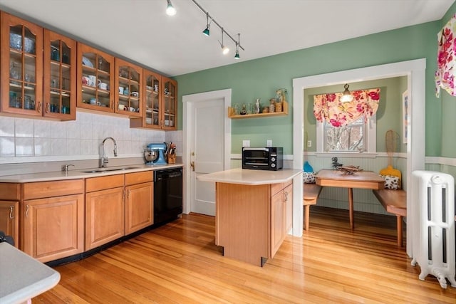 kitchen with black dishwasher, a wainscoted wall, radiator heating unit, light wood-style floors, and a sink