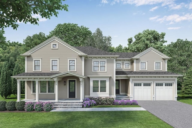 view of front of property featuring a front yard, a porch, an attached garage, a shingled roof, and aphalt driveway