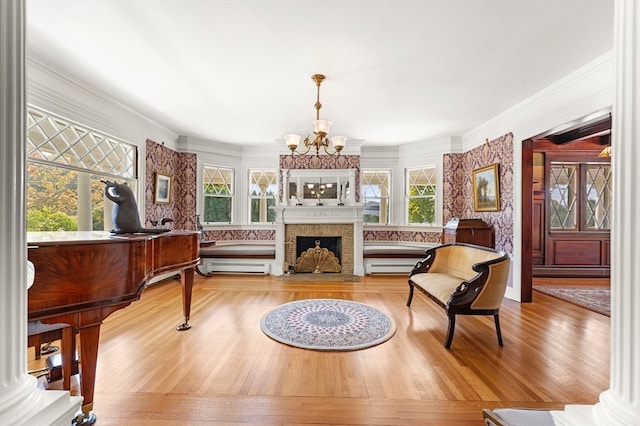 living area featuring decorative columns, a healthy amount of sunlight, a fireplace, and hardwood / wood-style floors