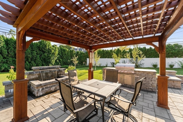 view of patio with a pergola, area for grilling, and a grill