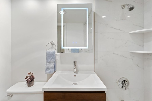 full bath with a shower and vanity